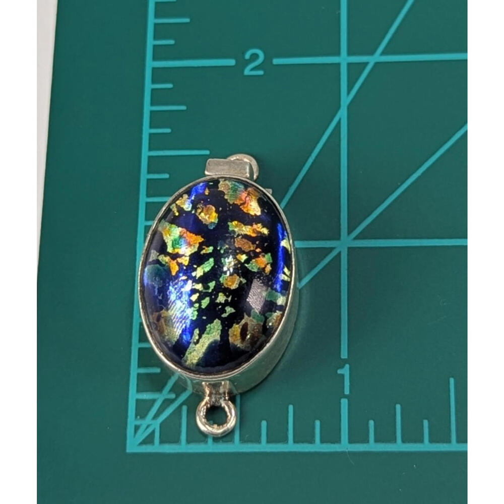 925 Sterling Silver Dichroic Glass Pendant Blue Orange Green Multicolor 1-1/2" - Picture 7 of 7